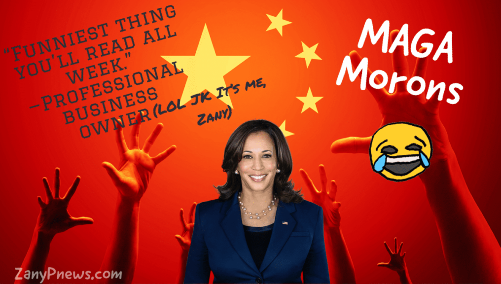 Kamala Harris on a Chinese flag background making fun of Republicans