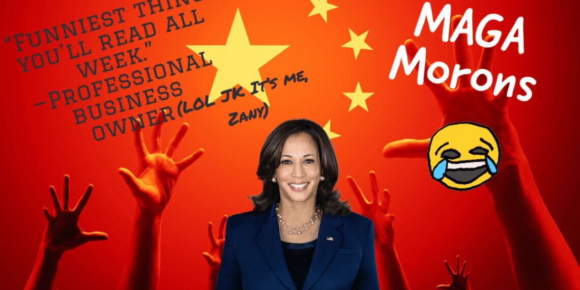 Kamala harris on a chinese flag background making fun of republicans