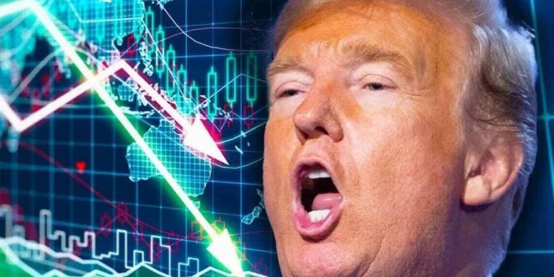 Trump with his mouth open beside stock market symbols