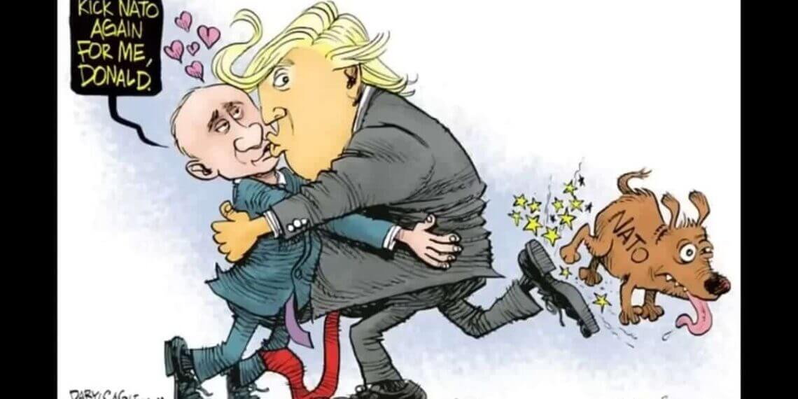 Trump hugging putin in a political cartoon