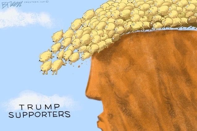 Cartoon side view of Trump's face is a cliff and his hair is made up of sheep running off the cliff