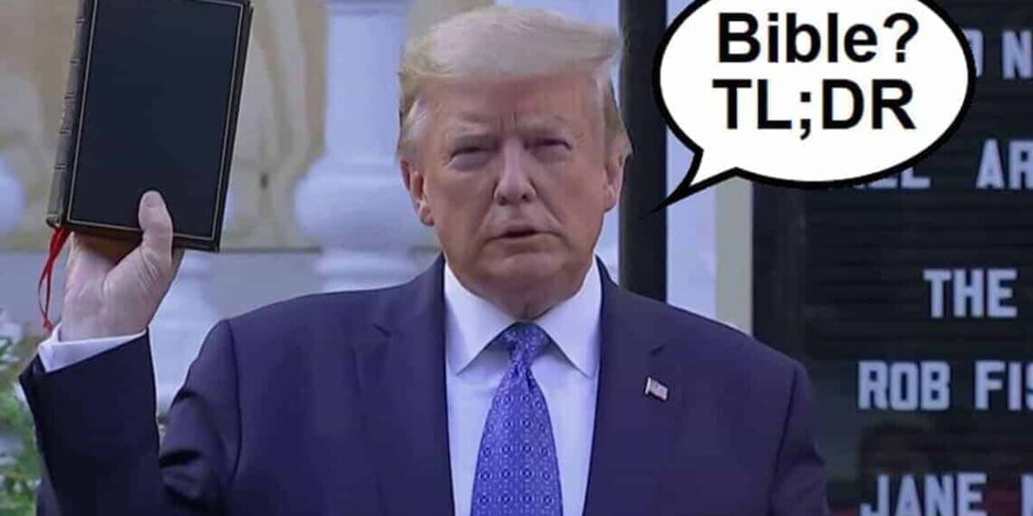 Trump photo in front of a church holding the bible upside down