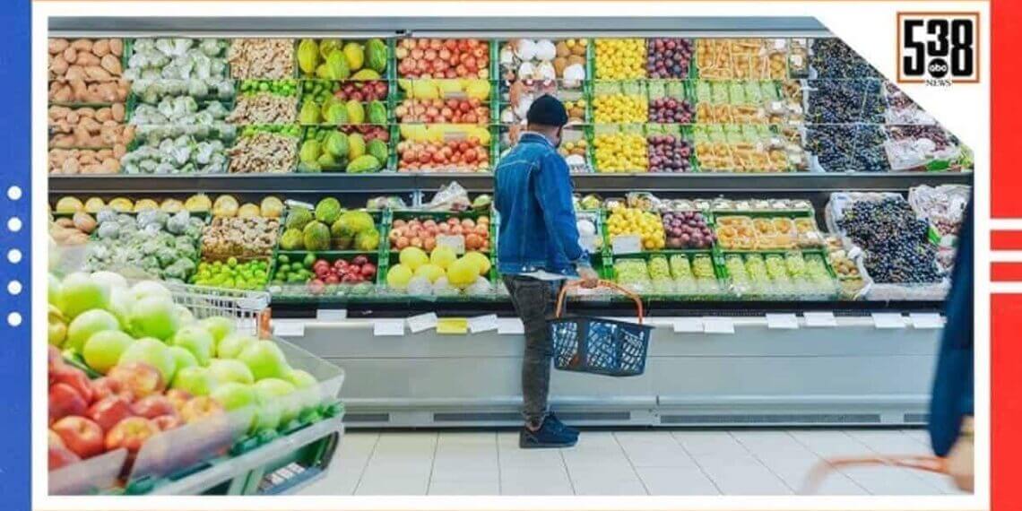 Man with a basket looking at produce in a grocery store