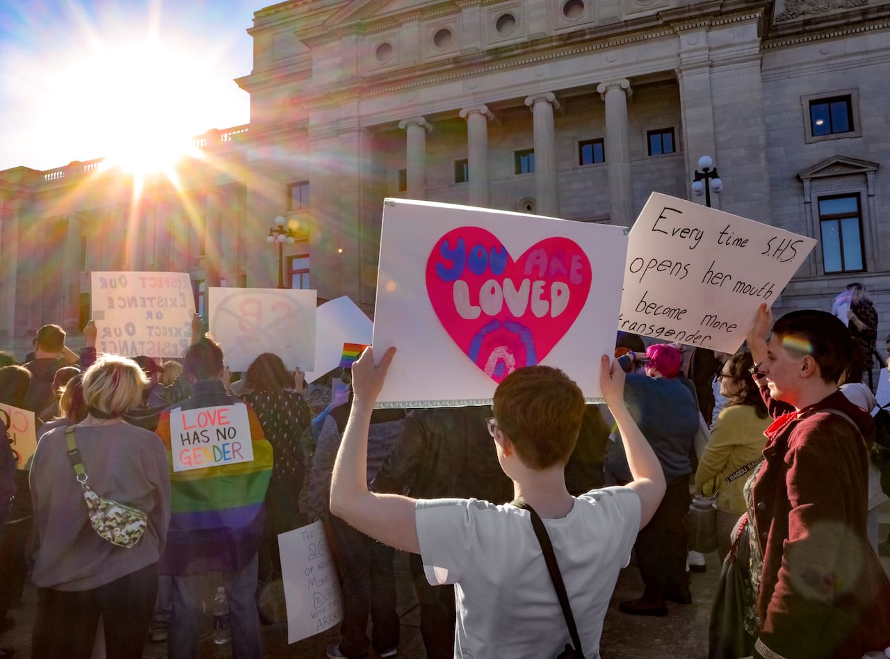 Rally-goers express their opposition to Senate Bill 43. The bill would define “a drag performance” as an adult-oriented business.