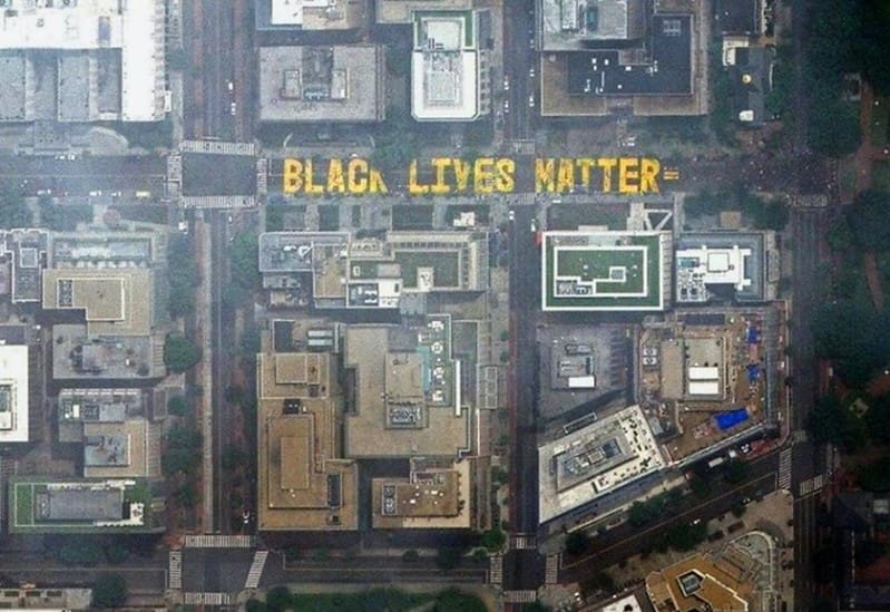 Aerial view of BLACK LIVES MATTER painted on the street