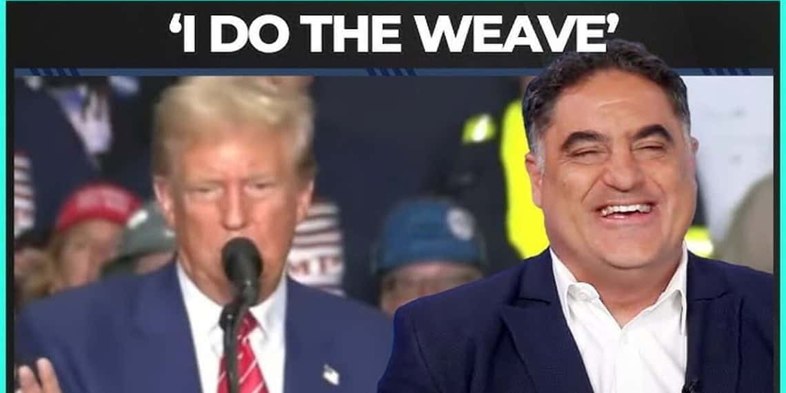 Donald trump speaking at a rally and cenk uyger laughing at him.