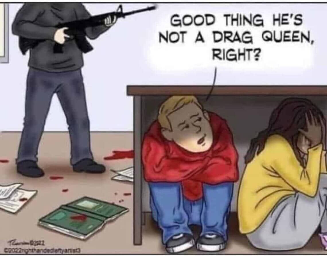 Political cartoon about school shootings and drag queens