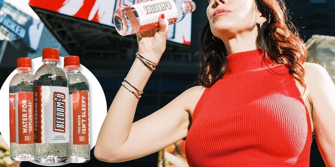 Woman with freedom20 anti-woke water for conservatives