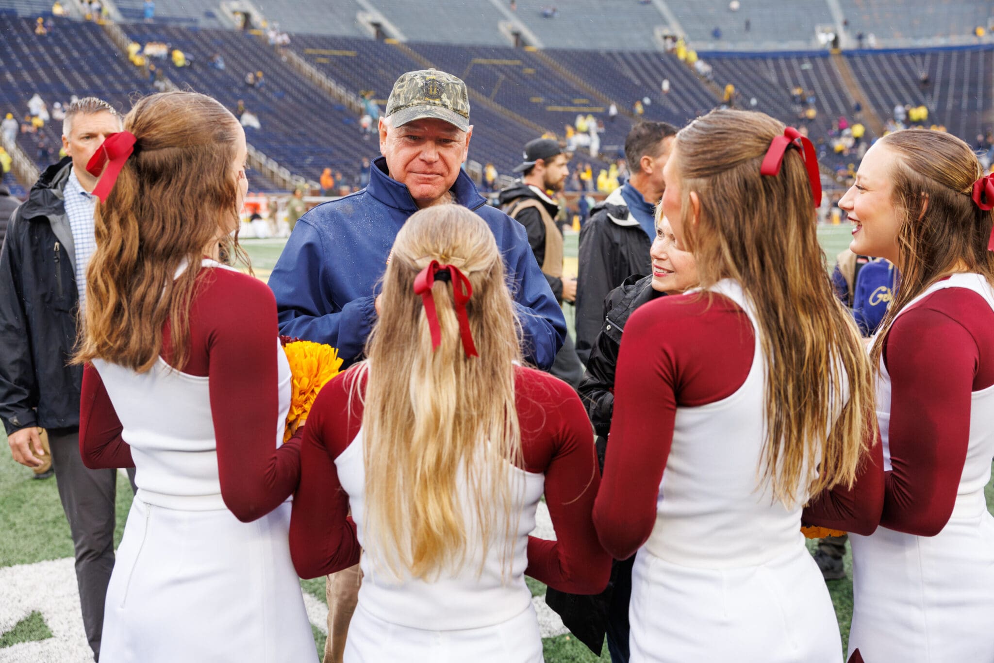 Minnesota Gov. Tim Walz visits the field of Michigan Stadium in Ann Arbor, Mich., on Sept. 28, 2024. Walz attended the University of Michigan vs University of Minnesota football game. (Photo by Andrew Roth/Michigan Advance)