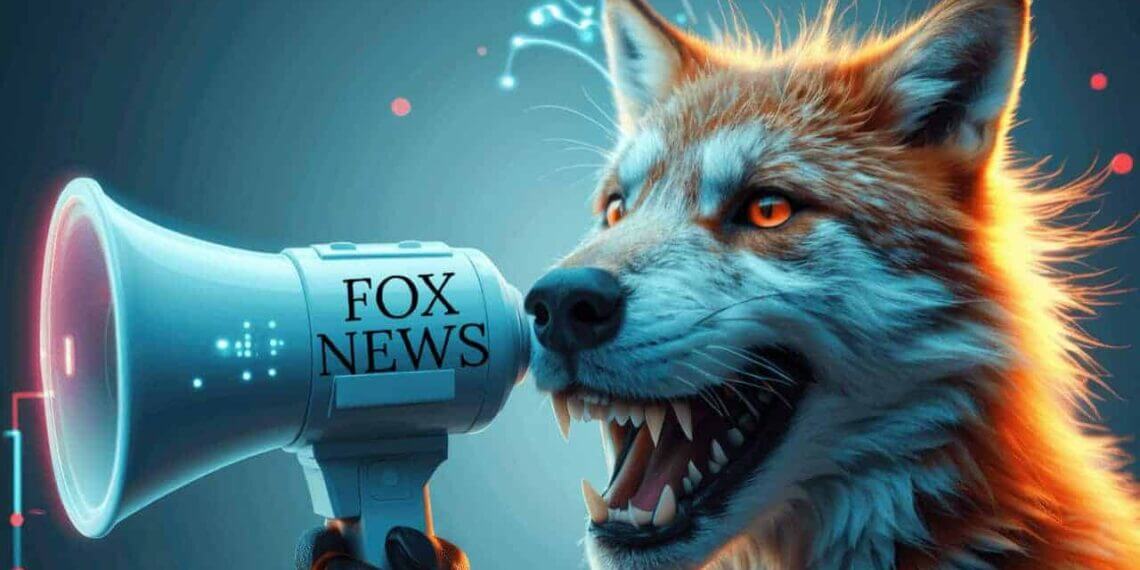 A rabid-looking fox yelling into a megaphone with fox news on it