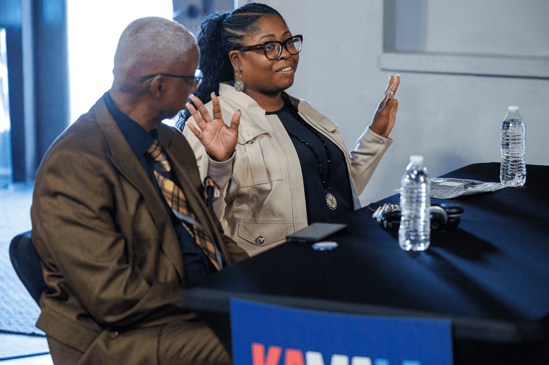 Classy Move Productions owner Dwayne Clemons, left, and Sonyita Clemons, right, participate in a roundtable with small business owners and U.S. Sen. Cory Booker (D-N.J.) in Flint, Mich., on Sept. 20, 2024.