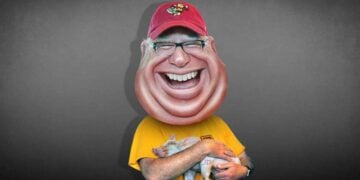 Caricature of tim walz holding a piglet.