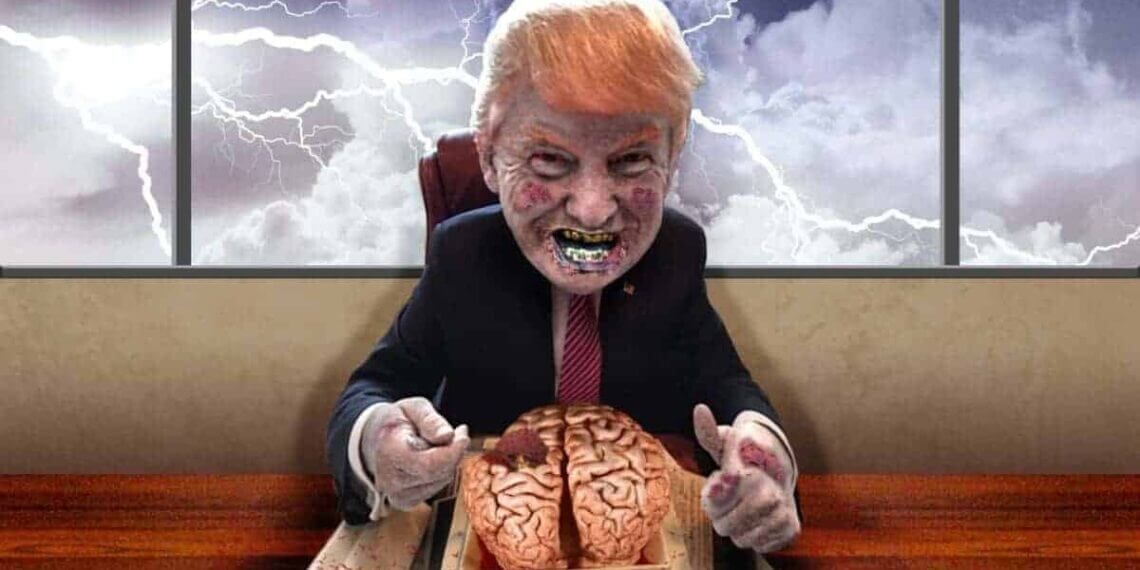 Donald trump as a zombie eating a brain caricature
