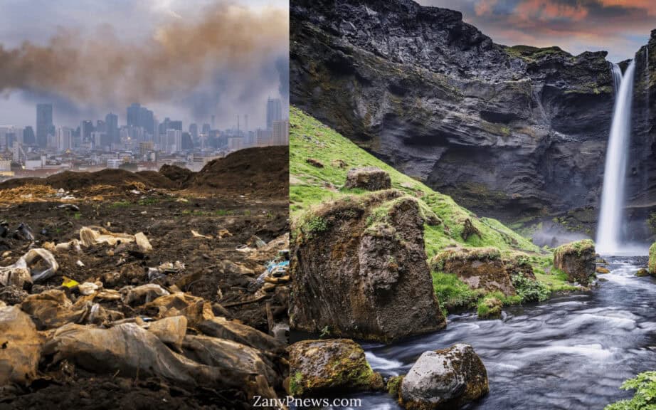 Split screen of companies polluting the air, trash all over the ground and green, beautiful nature.