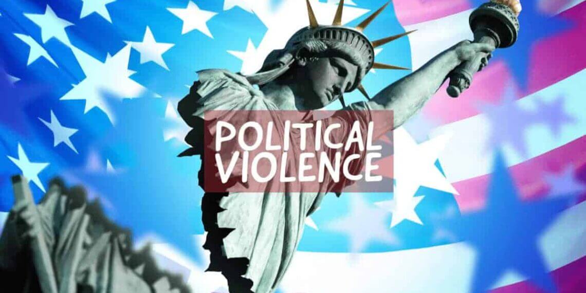 Political violence graphic with a us flag background and a statue of liberty breaking in half.