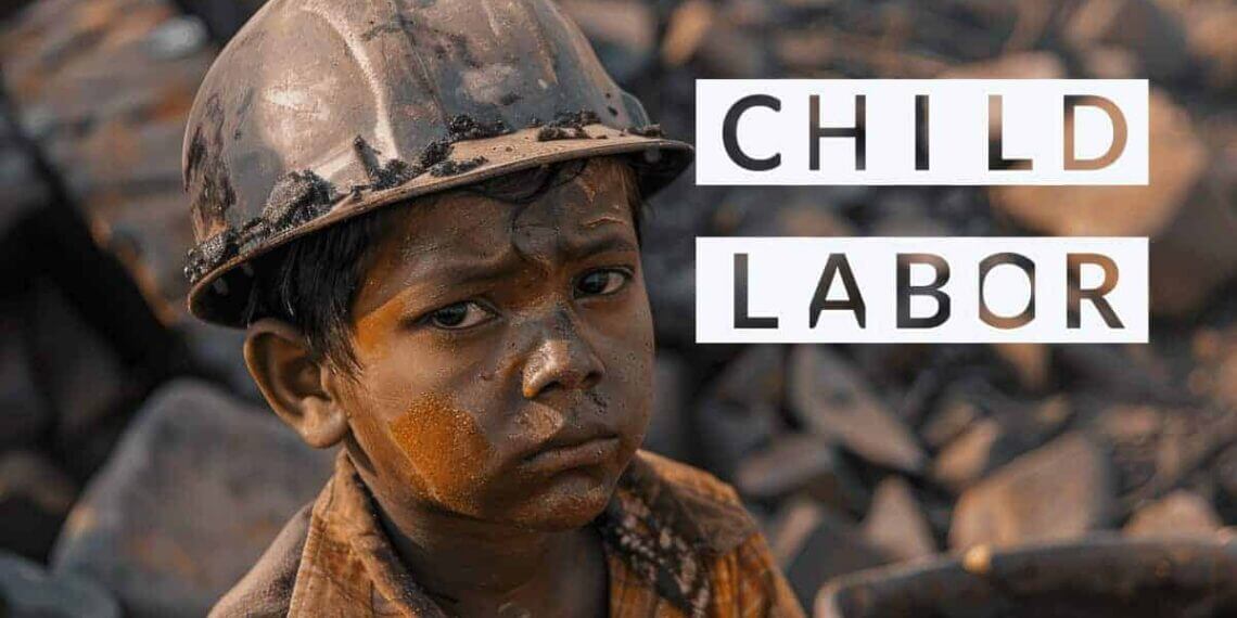 Young child in a construction helmet looking sad at a dirty construction site