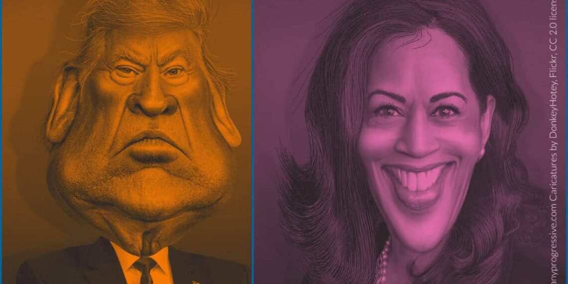 Caricatures of donald trump and kamala harris with orange tint on trump and pink tint on harris