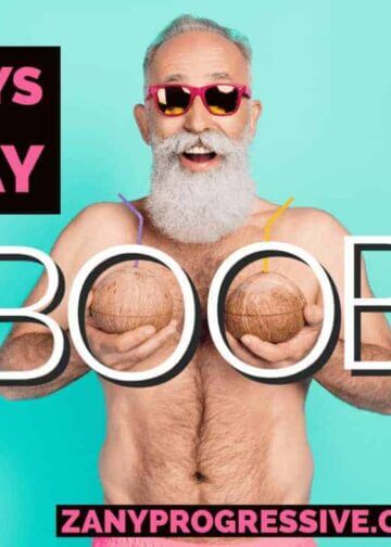 Graphic of an older man with a gray beard, shirtless, holding 2 coconut drinks with straws against his chest to signify breasts.