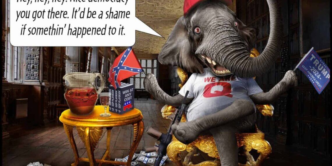 Political cartoon about republicans being a threat to democracy