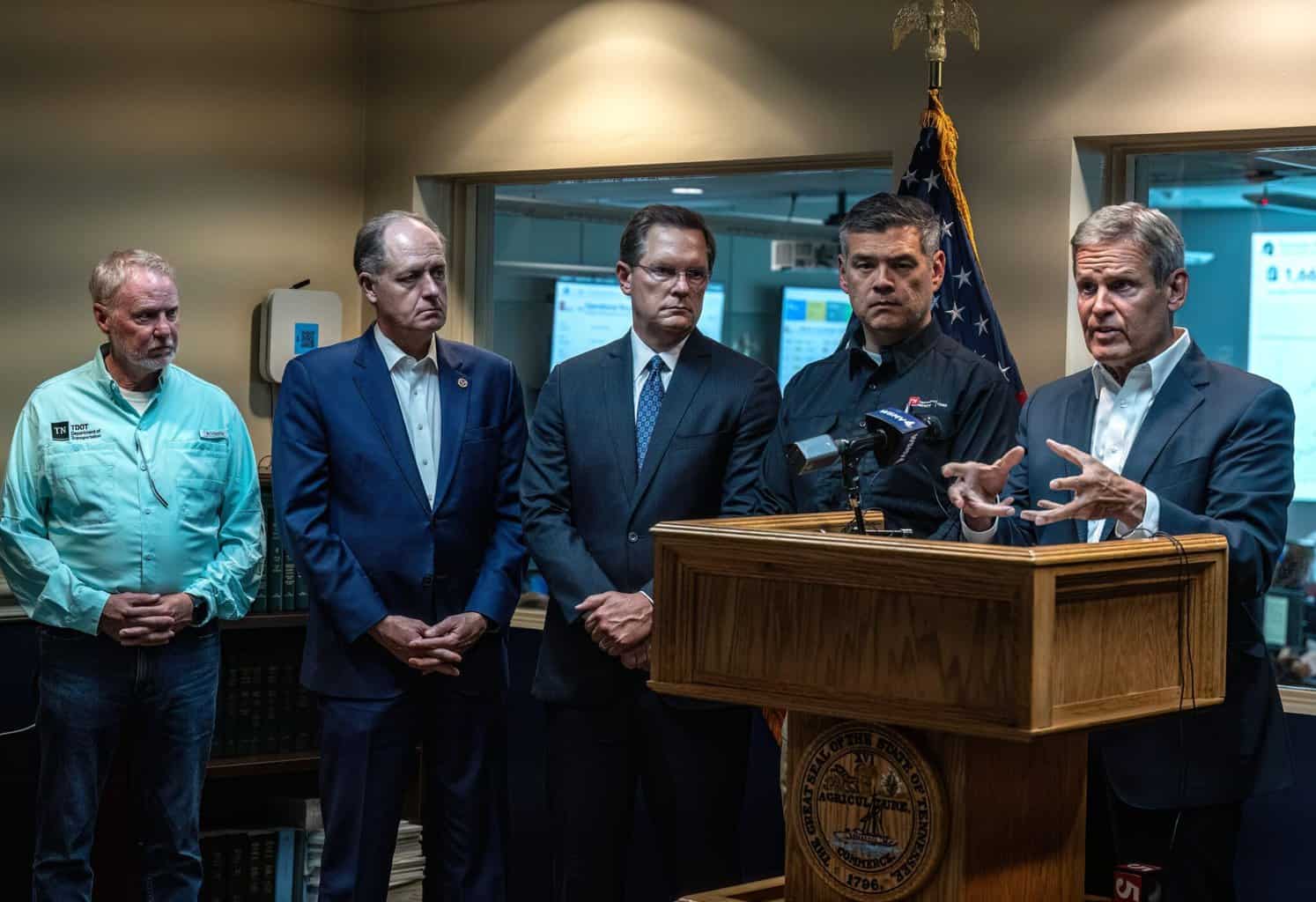 Tennessee university project: gov. Bill lee reiterated thursday that president biden called him to offer support. With him at a thursday press conference were, from left, tennessee department of transportation commissioner butch eley, senate majority leader jack johnson, house speaker cameron sexton and tennessee emergency management agency director patrick sheehan.