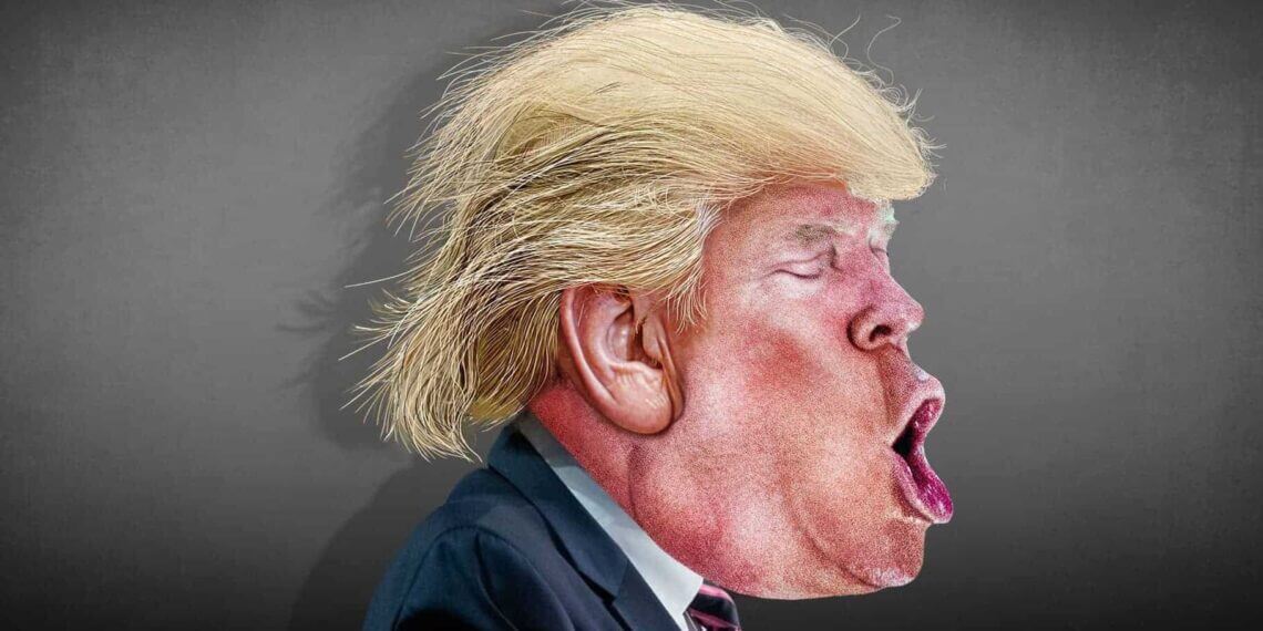 Caricature of donald trump side profile with a huge open mouth.