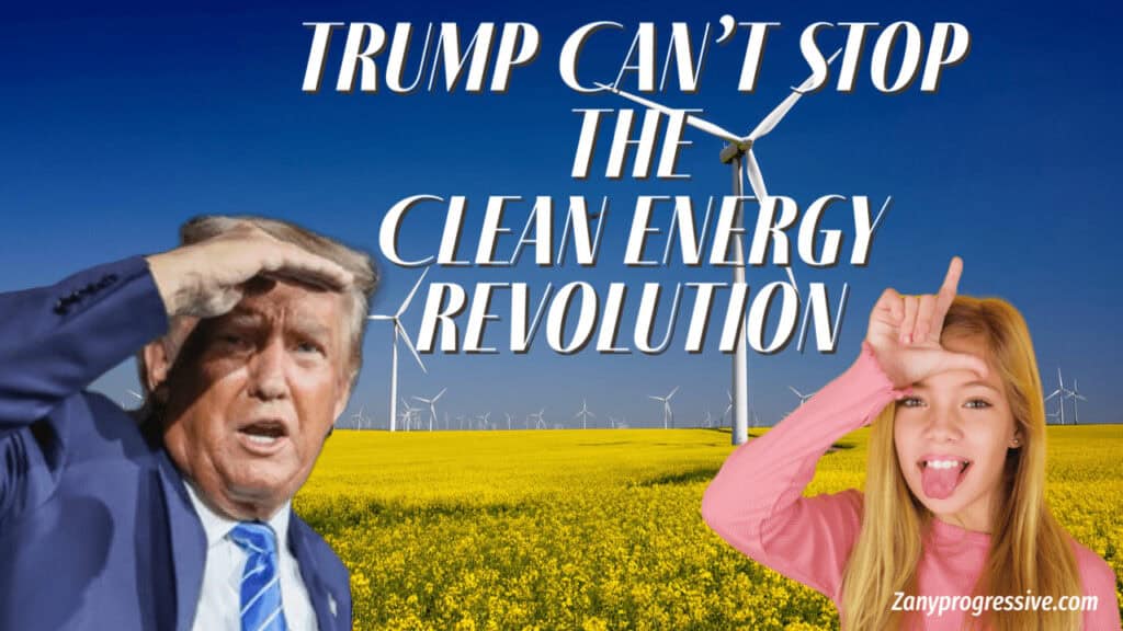 Trump looking at a wind turbine field and a little girl with her tongue sticking out, making the loser sign on her forhead