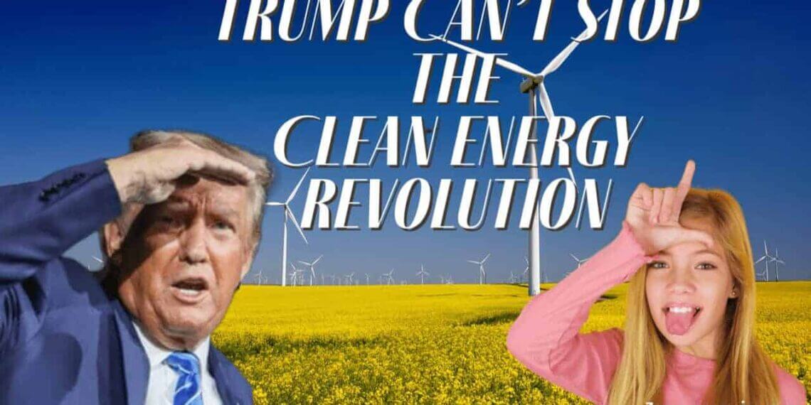Trump looking at a wind turbine field and a little girl with her tongue sticking out, making the loser sign on her forhead