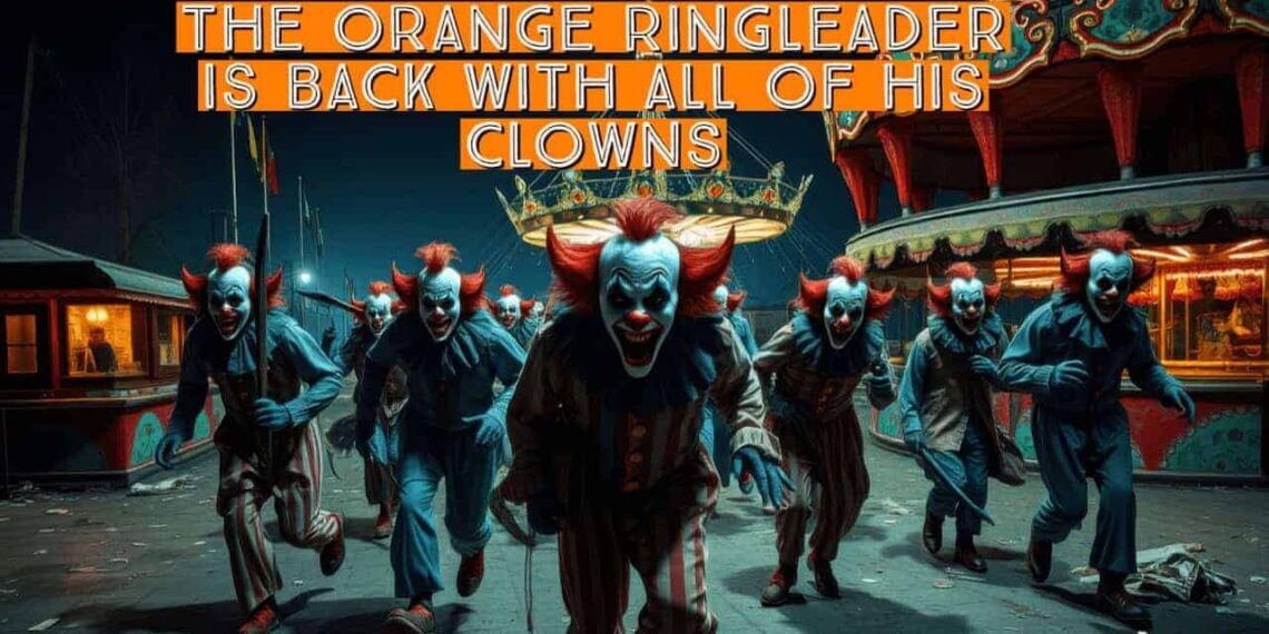 Scary clowns walking towards the camera at a carnival at night
