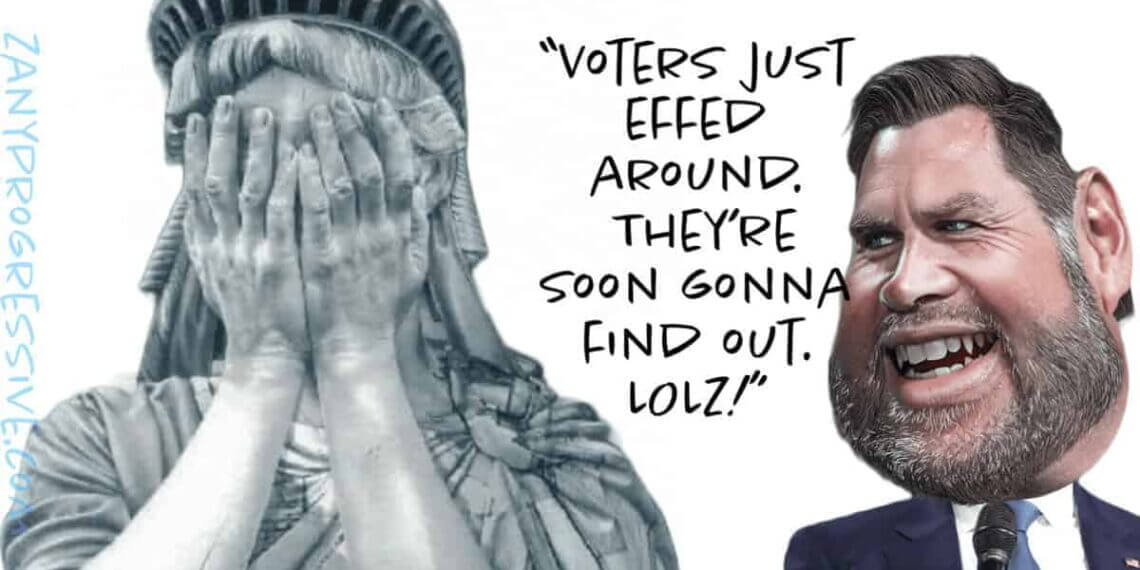 Statue of liberty with her face in her hands, crying. Jd vance idps laughing at her