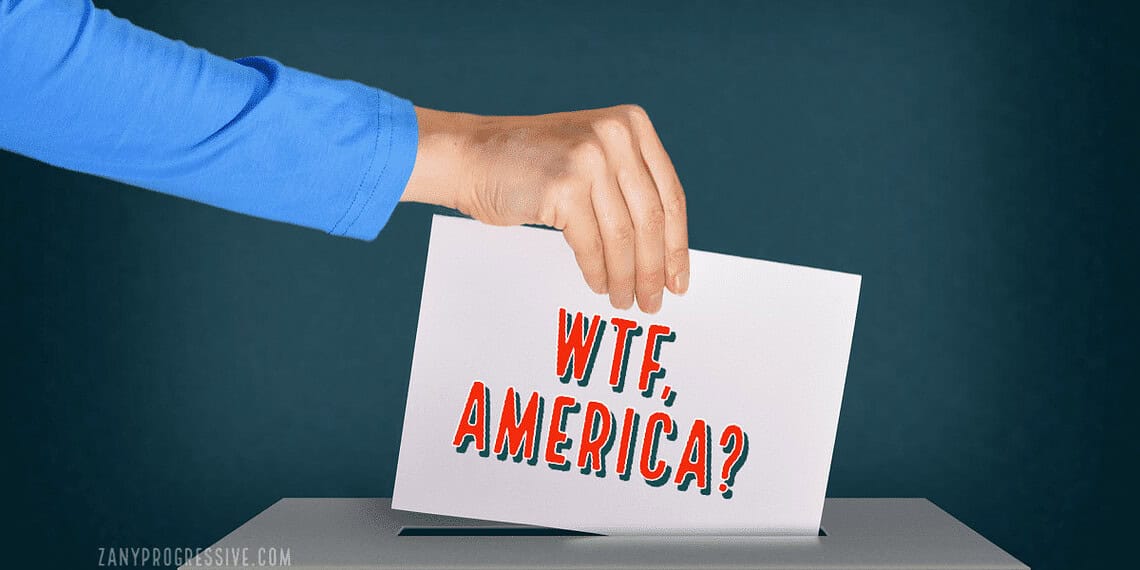 A woman’s hand putting a ballot in a wooden ballot box with the post title on it