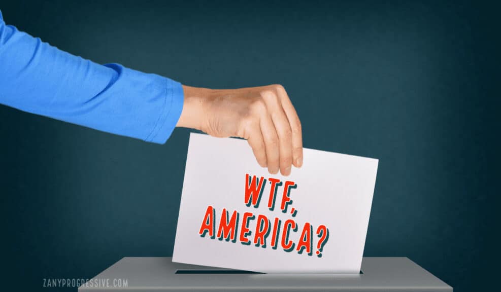 A woman’s hand putting a ballot in a wooden ballot box with the post title on it