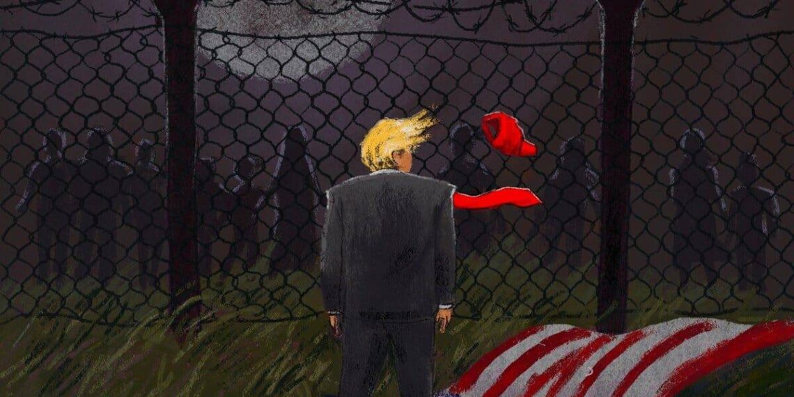 Comic book style cartoon of donald trump with a villain and the american flag