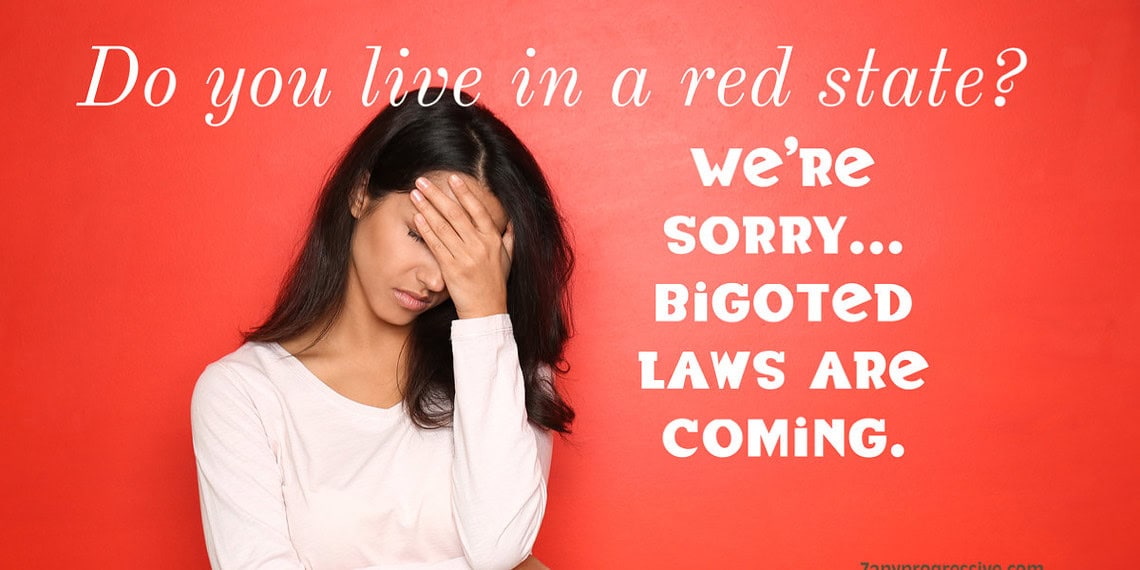 Woman with long dark hair looking painfully upset in a white sweater and jeans with a red background