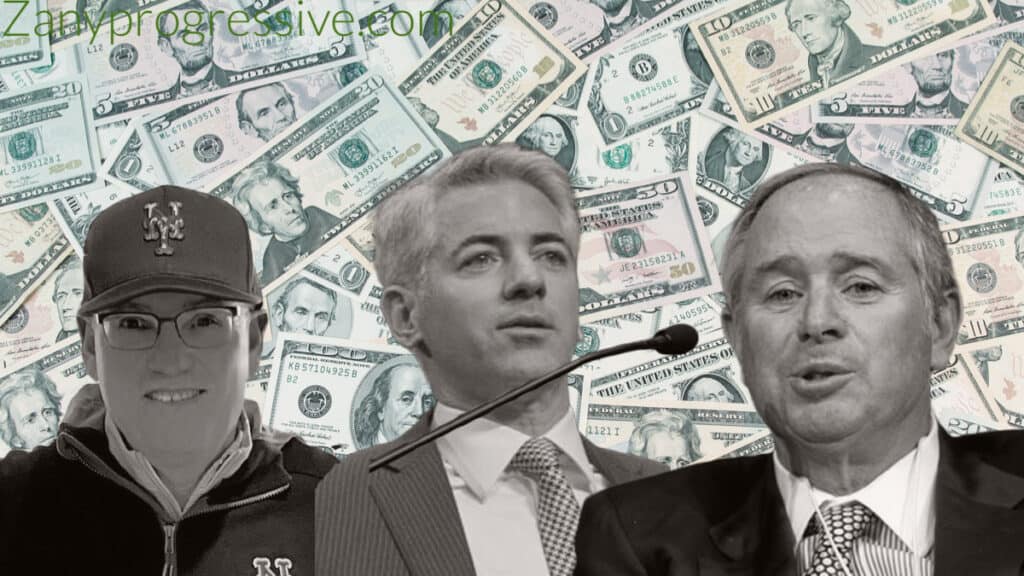 Billionaires steve cohen, stephen schwarzman, and bill ackman on a money background