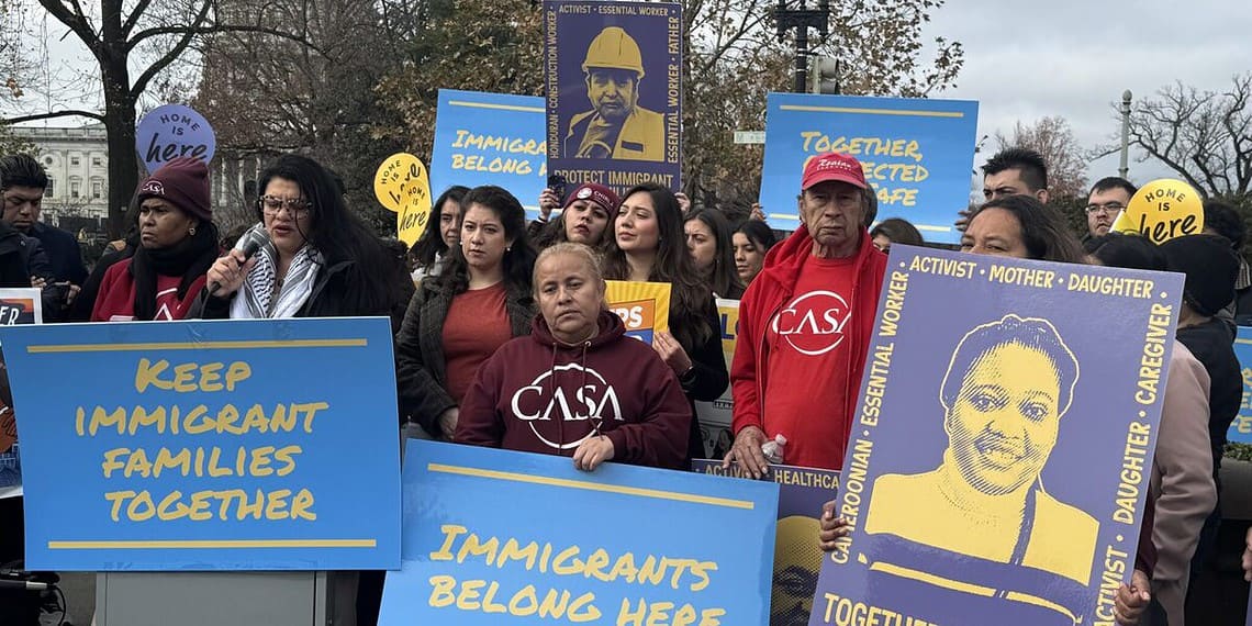 Michigan democratic rep. Rashida tlaib, left, speaks at a press conference hosted by immigrant youth, allies and advocates outside the u. S. Capitol in washington, d. C. , on tuesday, dec. 17, 2024.