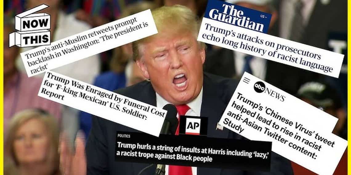 Donald trump surrounded by news headlines about his racist remarks