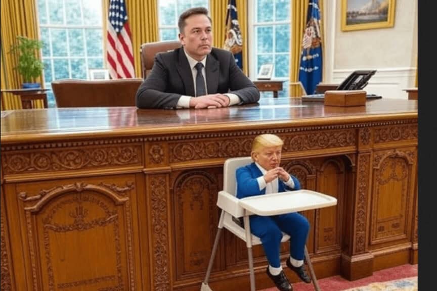 Billionaires in the trump administration elon musk as president with donald trump in a high chair