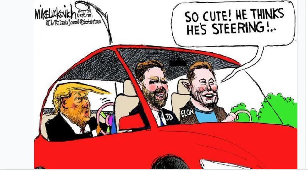 President musk driving with trump in the backseat. Political cartoon