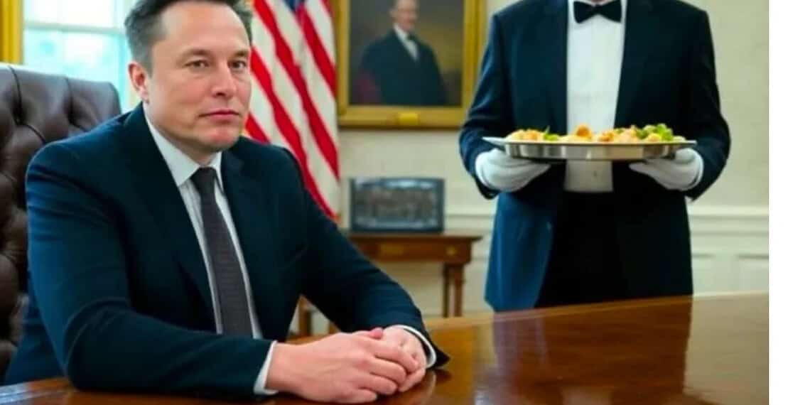 Meme of donald trump serving elon musk in the oval office like a butler