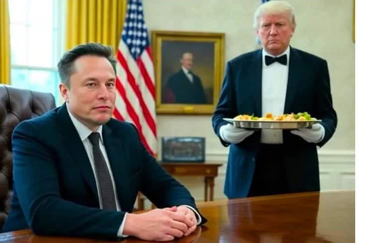 Meme of donald trump serving elon musk in the oval office like a butler