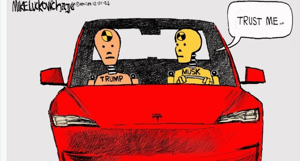 President musk driving a tesla withvtrump as crash test dummies,