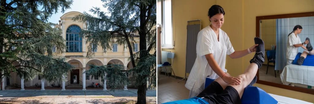 The entrance of casa della comunitá di san secondo parmense outside parma, italy. Formerly a hospital, the building was converted in 2012 to become a community health home that provides a variety of health services to residents. Inside, a patient works through a session of physiotherapy.