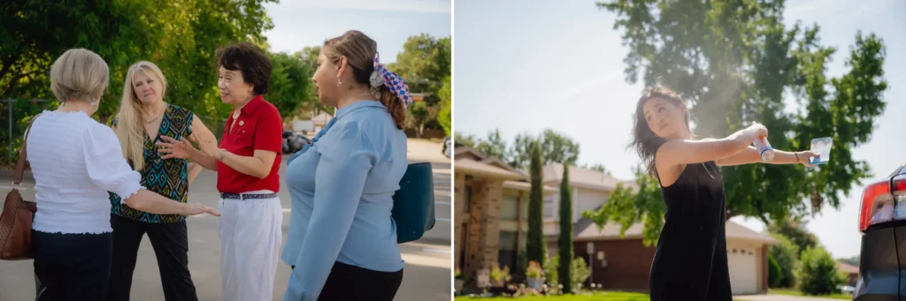 Left: state rep. Angie chen button, r-richardson, (second from right) speaks to volunteers before they block walk at big springs elementary school in garland on aug. 19, 2024. Right: averie bishop, the democratic candidate for texas house district 112 and former miss texas, puts on sunblock before block walking in rowlett on aug. 4, 2024.