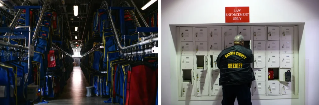 Left: a room where the personal items of inmates are stored at the harris county joint processing center. Right: a sheriff's officer drops off his belongings outside of the harris county detention center in houston.