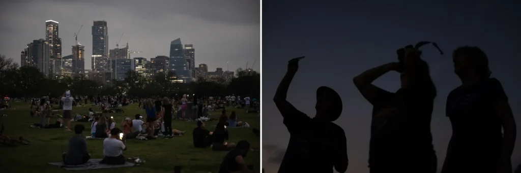 Left: the austin skyline begins to light up as spectators watch the solar eclipse reach its totality in zilker park on april 8, 2024. Right: attendees view the total solar eclipse at cooper lake state park near sulphur springs.