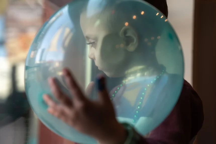 August looks through the glass door of the birthday venue while cradling a balloon on dec. 9, 2023. He had inoperable brain cancer and depended on medicaid to pay for full-time home nursing care from a private agency to help his mother take care of him throughout years of health crises