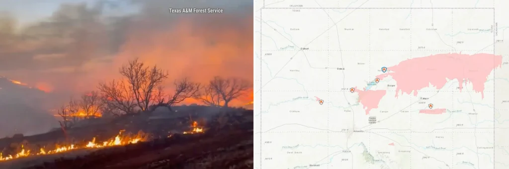 Screenshots from the texas a&m forest service of the fire in its early hours and a map of the fires raging in the texas panhandle taken at 8:44 a. M. On feb. 29, 2024.