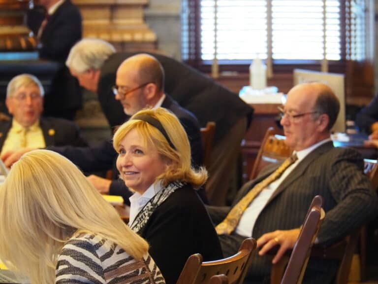 Sen. Caryn tyson, r-parker, sits at her desk on the floor of the kansas senate.