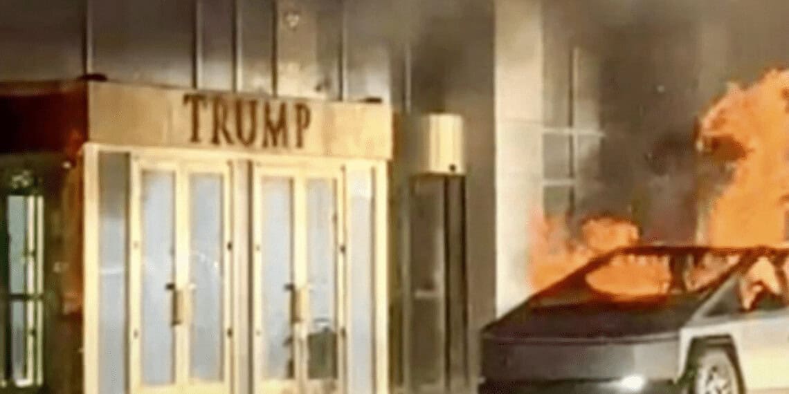 The cybertruck burning in front of trump hotel in las vegas