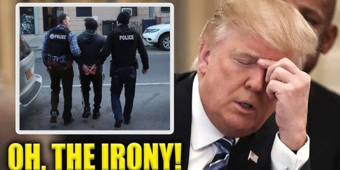 Donald trump with a hand on his eyes appearing stressed out with a photo of ice agents arresting someone in a box beside him